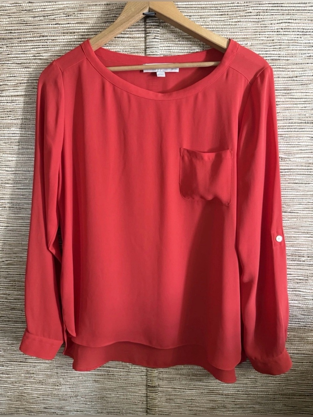 LOFT Top Blouse Orange Red Women’s Size Small Petite Roll Tab Sleeve Hi-Lo